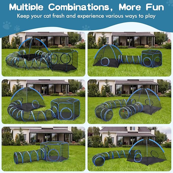 Outdoor Cat Enclosure, 4-in-1 Cat Tent Outdoor Pet Playpen with Tunnel, Portable Catio Play Pen for Outside and Indoor Cat Enclosure with Storage Bag for Kitty and Small Animals