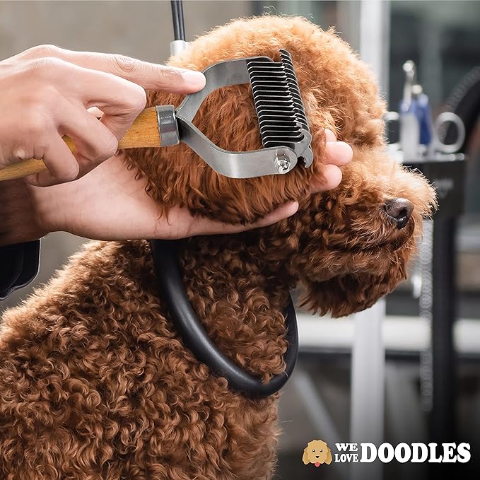 Pet Dematting Comb for Dogs and Cats with Wood Handle, Deshedding Undercoat Rake with Stainless Steel Blades, Pet Comb for Detangling Thinning and Shedding, All Hair Types [We Love Doodles]