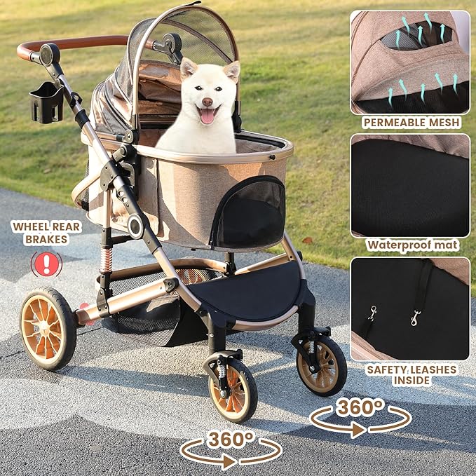 Pet Stroller for Medium Dogs, Smooth-Ride Dog Stroller with Detachable Carrier, Rubber Wheels, Car Seat Combo 3-in-1, Up to 50 lbs, for Senior Dogs & Cats, Tan