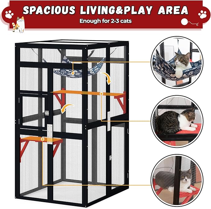 Catio Outdoor Cat Enclosure - Premium Wooden Cat Catio with Window Access & Breathable Mesh, Weatherproof Kitty House for Patio/Backyard/Indoor (Black)