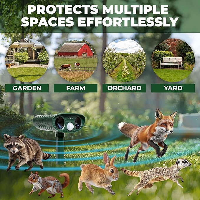 Upgraded Solar Ultrasonic Animal Repellent Outdoor (Pack 2pcs) - Cat Repellent Outdoor, Squirrel, Deer, Raccoon, Pest Repeller - Keep Skunk Away Motion Detection with Flash Light for Yard Garden Lawn