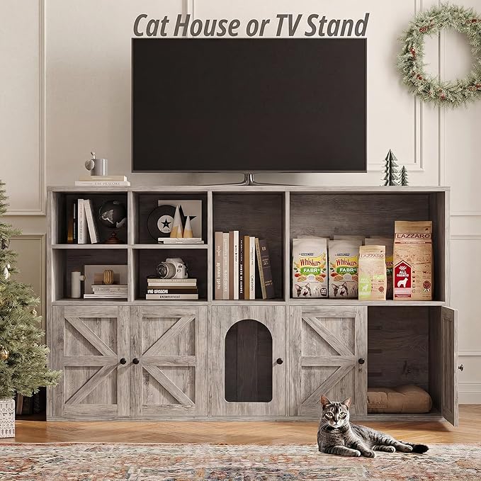 IRONCK Cat Litter Box Enclosure for 2 Cats, Litter Box Furniture Hidden with Double Room and Large Storage Space, Wooden Washroom Furniture, Cat House, Greige
