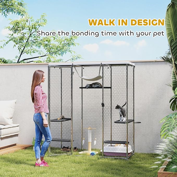 PawHut Large Catio Outdoor Cat Enclosure, Galvanized Steel Walk-in Cat Patio for Multiple Kittens, Outdoor Kitty Cage with Waterproof Cover, 5 Adjustable Platforms, Hammock, Chicken Coop Flat Roof