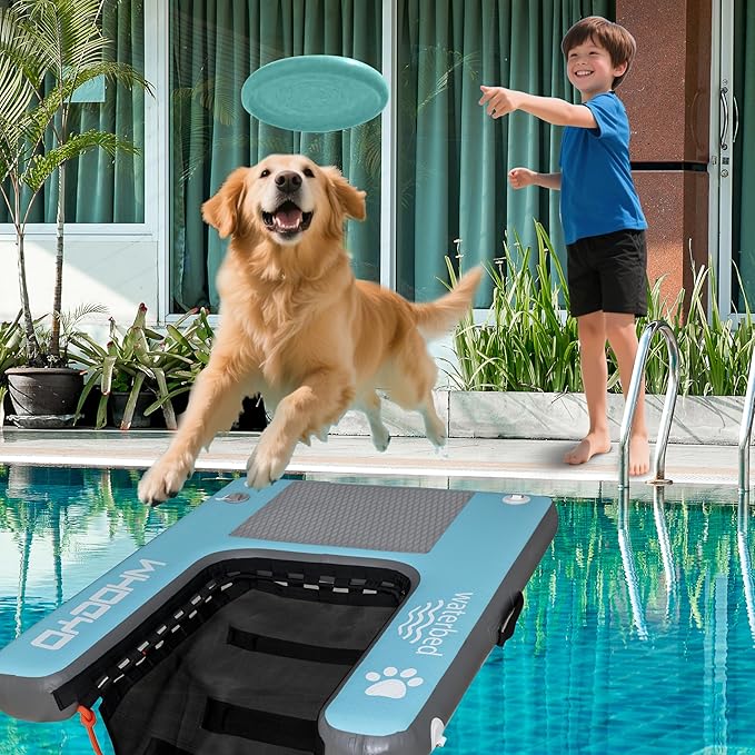 Inflatable Pup Plank Dog Float Floating Ramp Ladder for Pools Boats Docks Dog On Water Ladder Steps for Swimming Pets Up to 200 Pounds Water Bed for Human,Send Frisbee