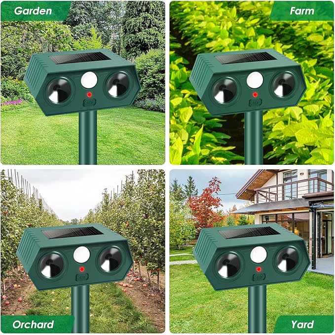 Solar Ultrasonic Racoon Cat Repellent Outdoor Deer Repellent Devices Sonic Fortress Pro Animal Rabbit Repeller Squirrel Deterrent with Motion Sensor to Keep Dog Fox Skunk Out of Garden Yard(4Pack)