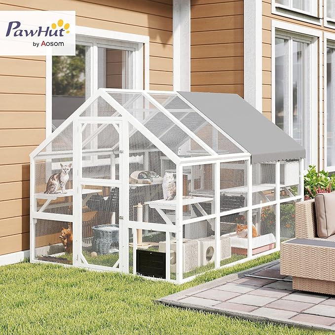 PawHut 110" L Large Catio Outdoor Cat Enclosure for Multiple Kittens, 56 sq.ft Wooden Cat House with Waterproof Cover, Walk in Kitty Cage Kennel with 2 Condos, 6 Platforms, Bridge, Doors, White