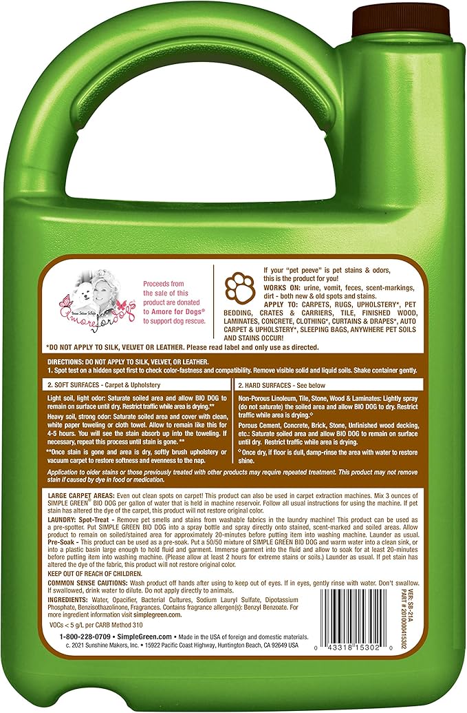 Simple Green Bio Active Stain & Odor Remover for Pet & Carpet- Pet & People Safe (1 Gal), Milky White, 128 Fl Oz (Pack of 2)