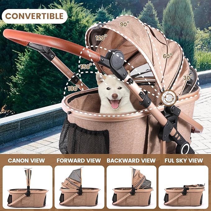 Pet Stroller for Medium Dogs, Smooth-Ride Dog Stroller with Detachable Carrier, Rubber Wheels, Car Seat Combo 3-in-1, Up to 50 lbs, for Senior Dogs & Cats, Tan