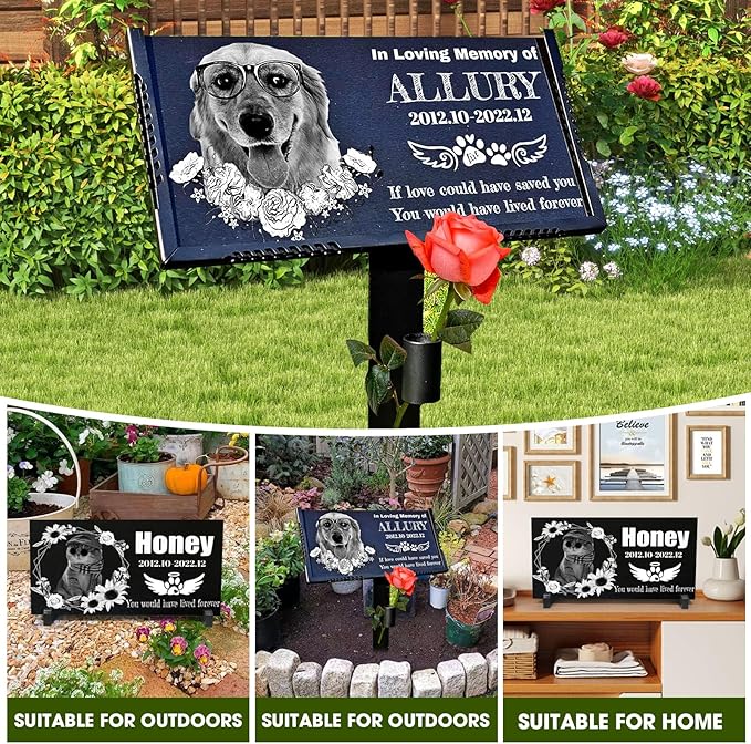 Personalized Pet Memorial Stone, Weatherproof Granite Dog Headstone - Custom Grave Markers for Dogs&Cats Engraved with Photo Name Date,Memorial Stones for Memory Garden