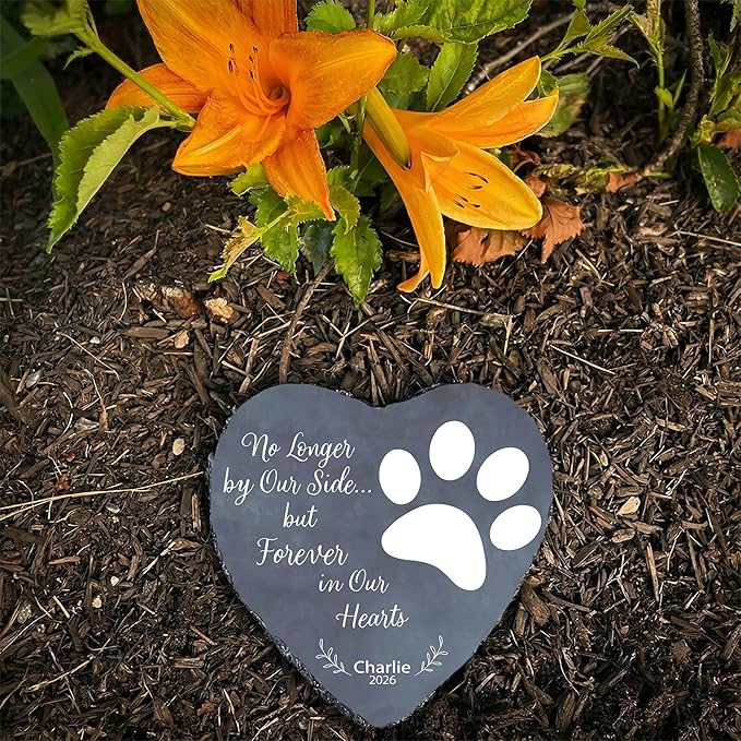 Personalized Dog Memorial Stone, No Longer by Our Side Heart Paw Print Plaque, Pet Loss Gift for Dogs Stone (S-002)