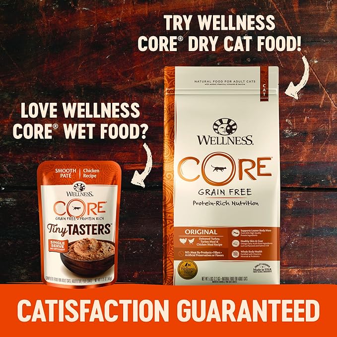 Wellness CORE Tiny Tasters Pate Adult Wet Cat Food, Natural, Protein-Rich, Grain Free, 1.75-Ounce Pouch, 12 Pack, (Land Variety Pack)