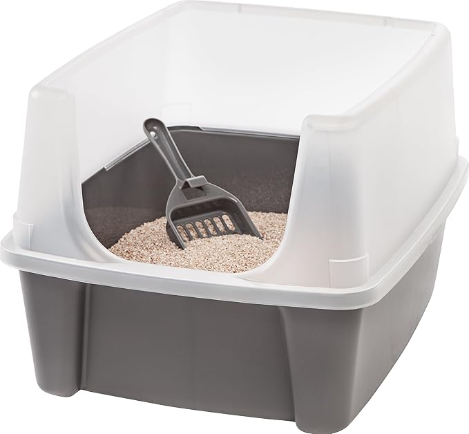 IRIS USA Large Cat Litter Box with Scatter Shield and Scoop, Open Top High Sided Cat Litter Pan, Gray