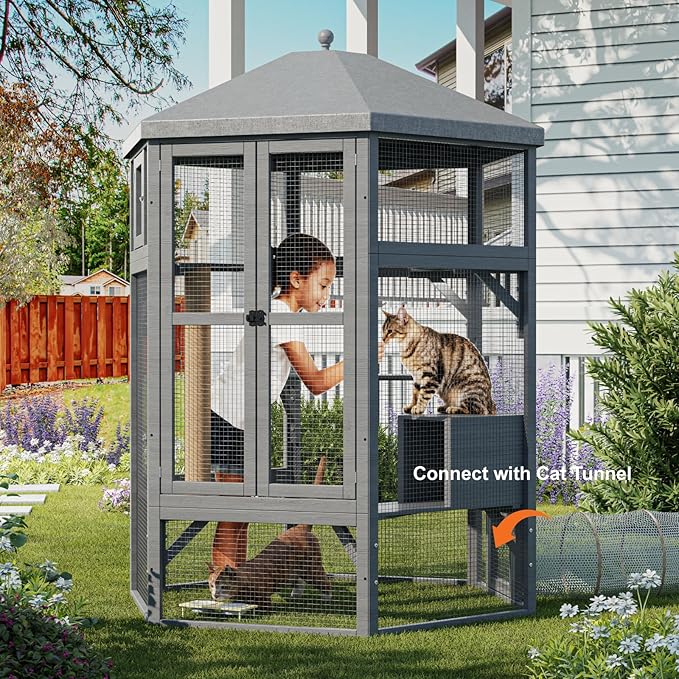 Catio Outdoor Cat Enclosure,Large Cat House Kitty Cage,Indoor Outdoor Cats Outside Patio for Cats with Window Access & Waterproof Roof, Multiple Platforms & Scratching Post, 65" Grey