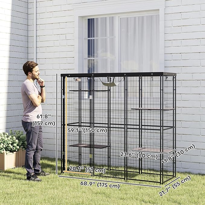 PawHut 4-Level 69" Large Catio Outdoor Indoor Weld Wire, Cat Enclosure with Waterproof Cover, 4 Jumping Platforms, Hammock, Cat Shelter for 1-3 Kittens, 69" x 22" x 62", Black