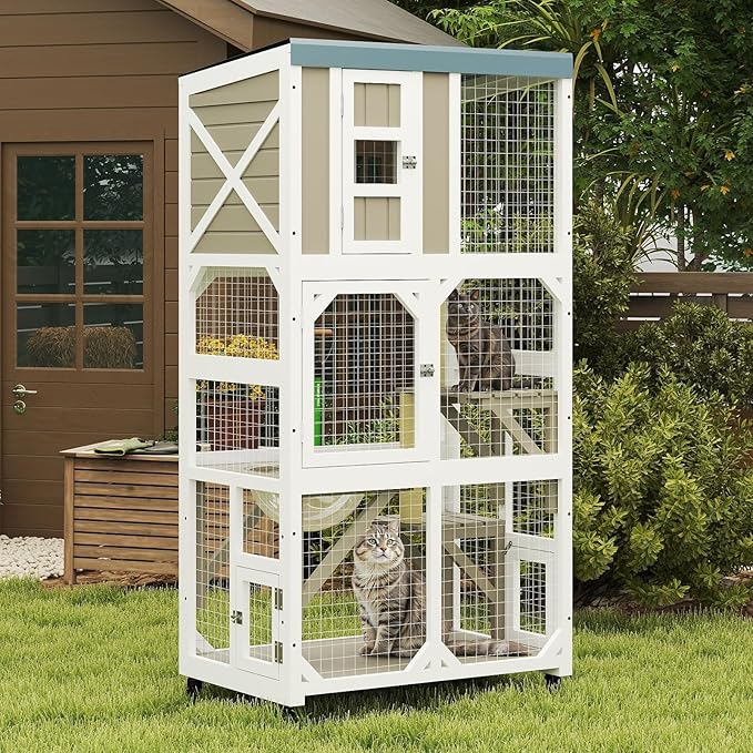 Catio Outdoor Cat Enclosure,Outdoor Cats House with 5 Platforms & Space Capsule,Wooden Cat Catio Cats Enclosure with Weatherproof Oxford Cloth Roof & 4 Wheels,Grey
