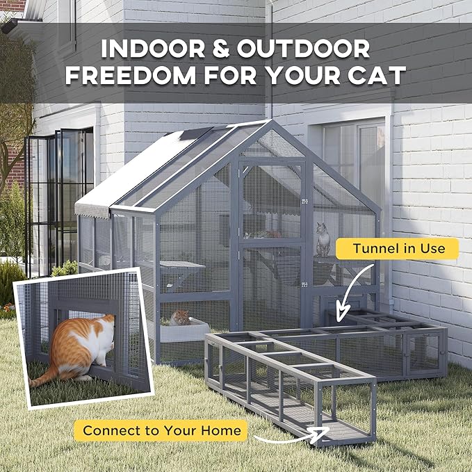 PawHut 110" L Large Catio Outdoor Cat Enclosure for Multiple Kittens, 56 sq.ft Wooden Cat House with Waterproof Cover, Walk in Kitty Cage Kennel with 2 Condos, 6 Platforms, Bridge, Doors, Gray