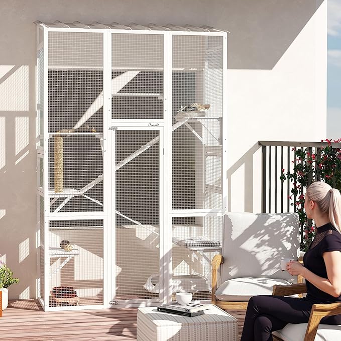 PawHut Outdoor Catio Cat Enclosure, Large Wooden Cat House with 6 Jumping Platforms, Scratching Post, 2 Ramps, Waterproof Roof, Kitty Cage Window Access for 2-3 Kittens, 99" H, White