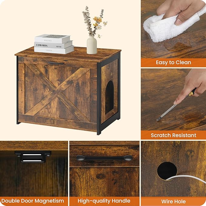 Dwanton Cat Litter Box Furniture Hidden, Cat Litter Box Enclosure, Reversible Entrance Can Be on Left or Right Side, Indoor Cabinet, Wooden Washroom, End Table, Nightstand, Rustic Brown, 27.6" L