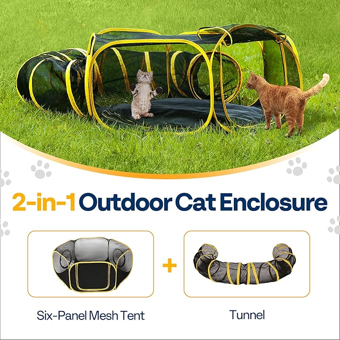 VIVOHOME Outdoor Cat Enclosures 2-in-1, Portable Catio w/Cat Tent, Circle Playpen Tunnel, for Kitty and Small Animals,w/Storage Bag Removable Bottom