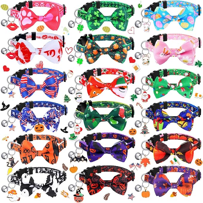 Kacctyen 18 Pcs St. Patrick's Day Cat Collars Bulk Holiday Cat Collars with Bow Tie 4th of July Patriotic Decoration Kitty Breakaway Adjustable Pet Kitten Bowtie Decor(Small)