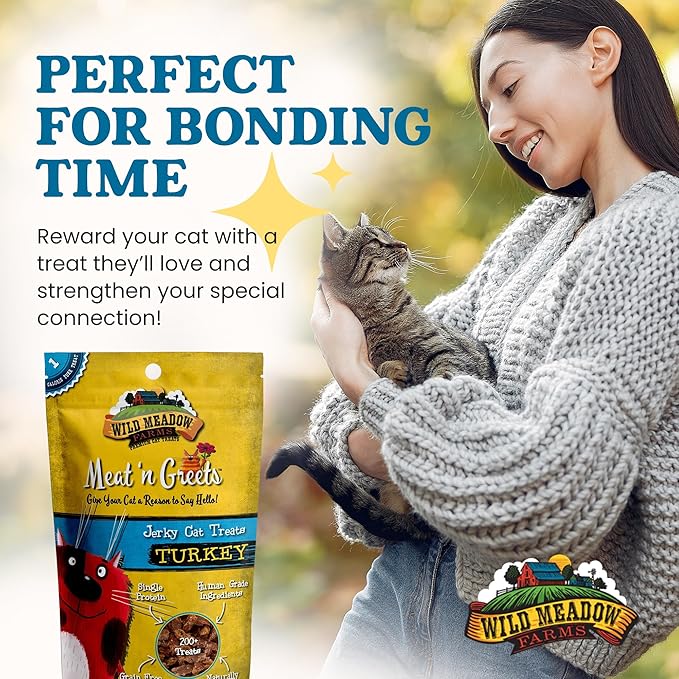 Wild Meadow Farms - Cat Treats - Meat 'N Greets - Soft Jerky Treats with Real Meat, High Protein, Grain-Free, Perfect for Training & Rewarding, All Natural Snacks for Cats - Turkey Flavor