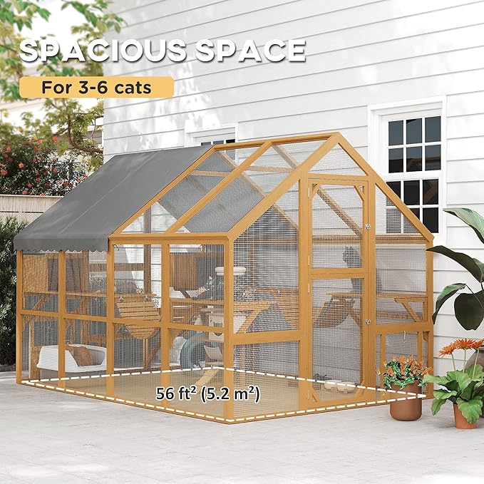 PawHut 110" L Large Catio Outdoor Cat Enclosure for Multiple Kittens, 56 sq.ft Wooden Cat House with Waterproof Cover, Walk in Kitty Cage Kennel with 2 Condos, 6 Platforms, Bridge, Doors, Yellow