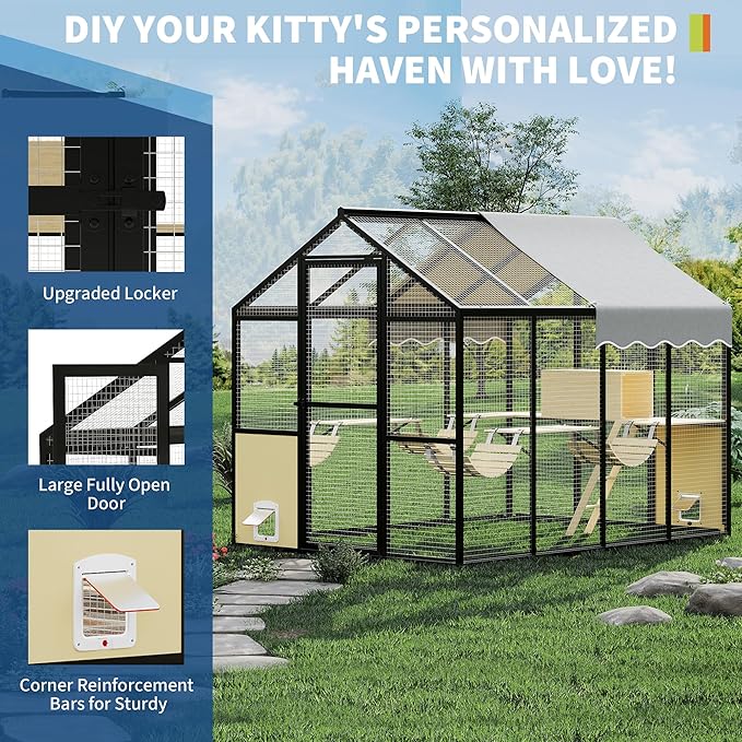 Large Outdoor Cat Enclosure for Multiple Cats - Weatherproof Catio with UV Cover, Platform & Side Door