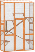 PawHut Outdoor Catio Cat Enclosure, Large Wooden Cat House with 6 Jumping Platforms, Scratching Post, 2 Ramps, Waterproof Roof, Cat Cage Window Access for 2-3 Kittens, 99" H, Orange