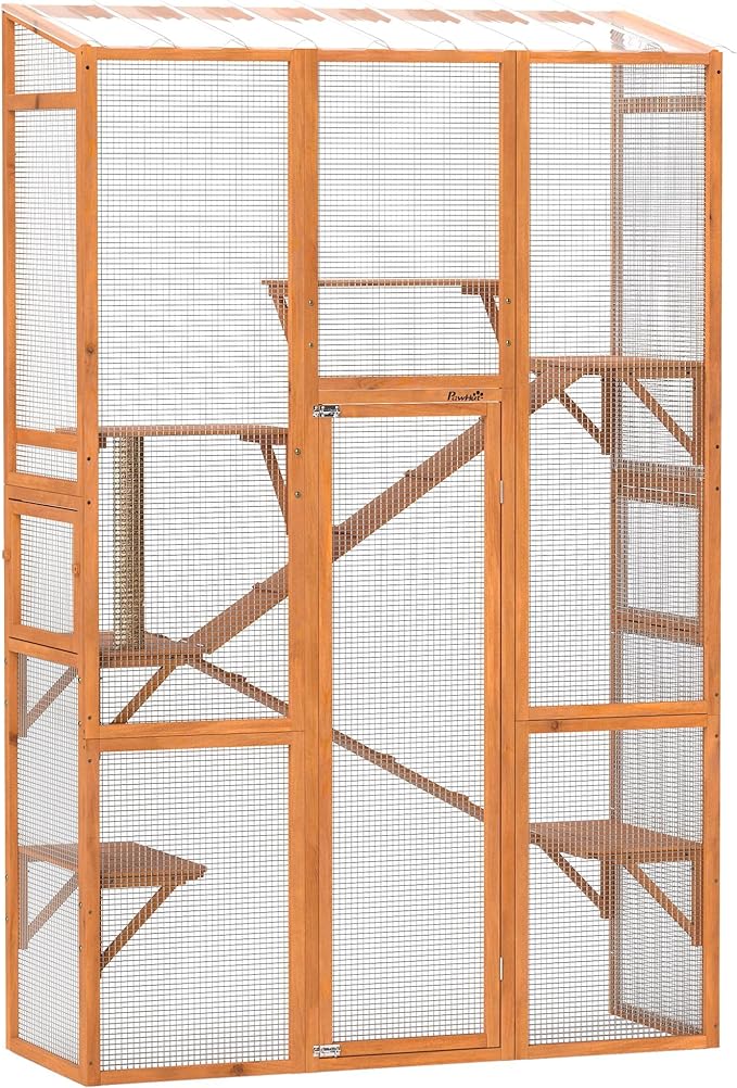 PawHut Outdoor Catio Cat Enclosure, Large Wooden Cat House with 6 Jumping Platforms, Scratching Post, 2 Ramps, Waterproof Roof, Cat Cage Window Access for 2-3 Kittens, 99" H, Orange