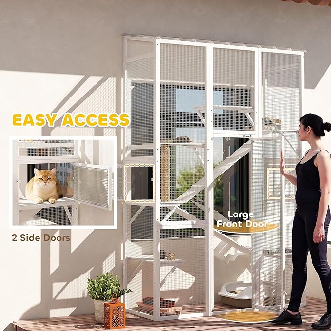 PawHut Outdoor Catio Cat Enclosure, Large Wooden Cat House with 6 Jumping Platforms, Scratching Post, 2 Ramps, Waterproof Roof, Kitty Cage Window Access for 2-3 Kittens, 99" H, White