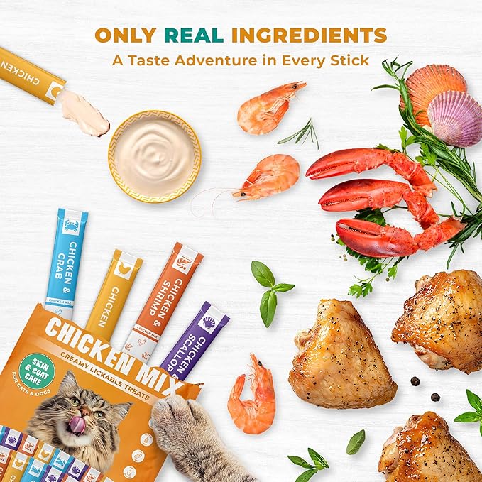 Beloved Pets Creamy Lickable Cat Treats & Wet Food Squeeze Tubes – Liquid Kitten Snacks, Skin & Coat Health, Multivitamin Treats for Cats, & Small Dogs, Lick Up 40 Chicken Mix