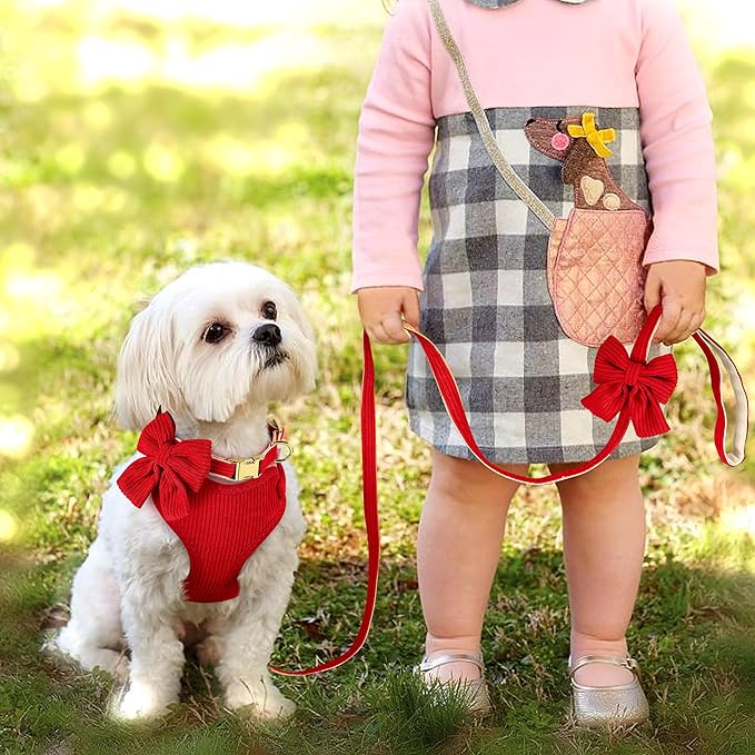 Didog Cute Small Dog Harness Collar and Leash Set with Bowtie, Breathable Soft Mesh Padded Puppy Harness, Christmas Dog Harness for for Parties, Holiday Gatherings & Gifts, Red, M