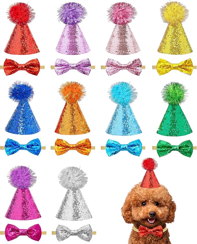 PET SHOW 20 Pack Mini Small Dog Birthday Hats Collar Bowties Glitter Set Adjustable Cat Party Headband and Bow Ties with Elastic Straps for Stuffed Animals Puppy Kitten Pet Costume Accessories