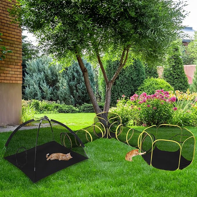 VINGLI Cat Tunnel, Outdoor Cat Enclosure, Large Catio, Outdoor Tunnels for Kittens with Storage Bag (Black&Yellow, 5 in 1)