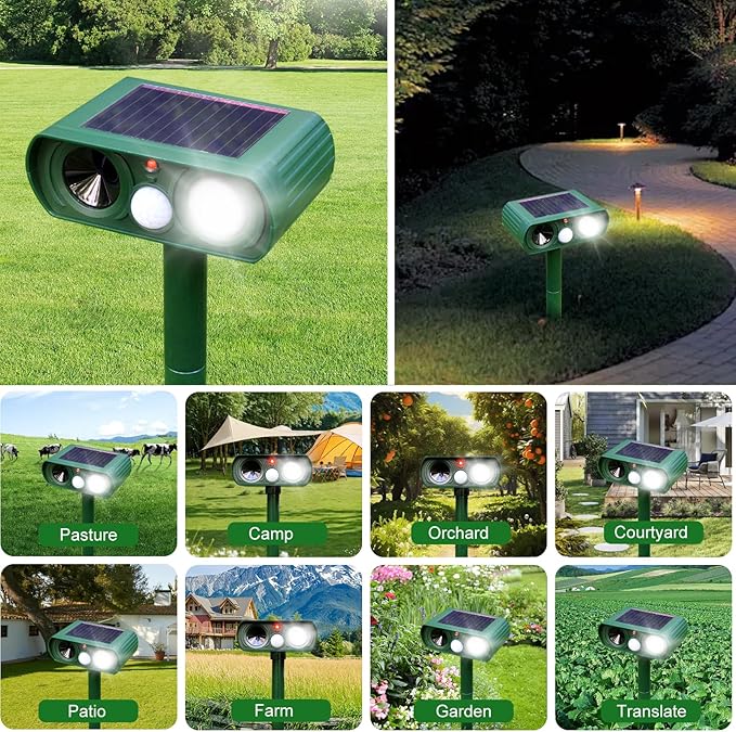 Solar Ultrasonic Animal Repeller, 2025 Cat Repellent Outdoor,Waterproof Deer Repellent for Raccoon,Dog,Fox, Deer, Skunk,Squirrel, Rabbit with LED Flashing and Motion Sensor,Sound Green