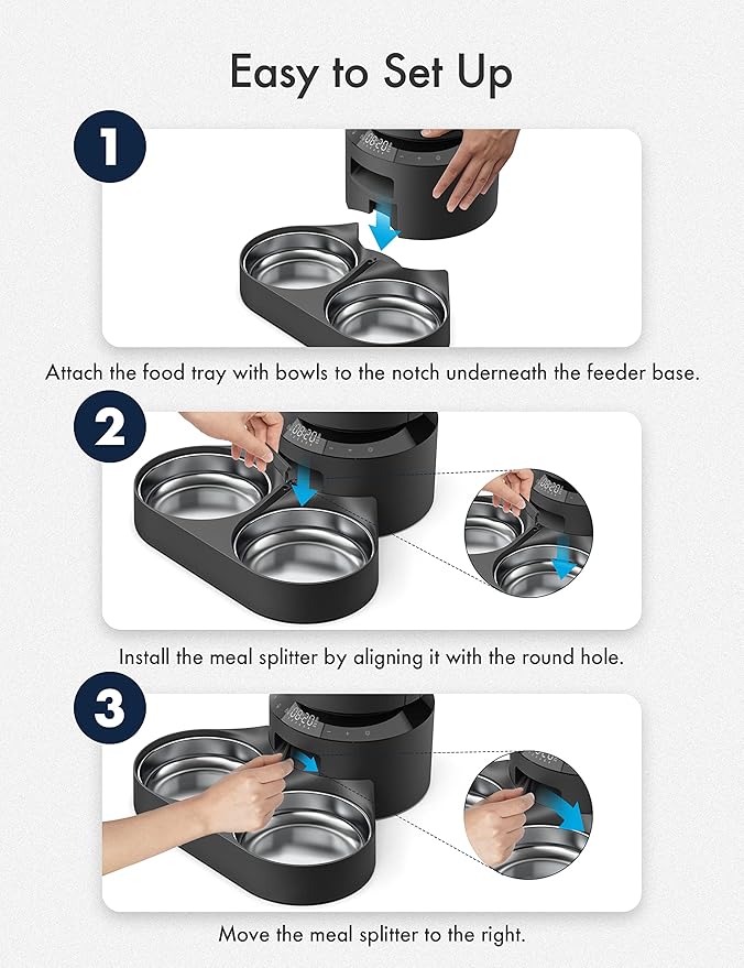 PETLIBRO Pet Food Splitter with Stainless Steel Bowls, Automatic Cat Feeder Bowls for Two Cats or Dogs, Suitable for PETLIBRO Automatic Cat Feeder PLAF005, PLAF006, PLAF103, PLAF203, Black