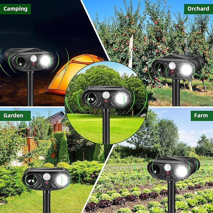 2026 Upgraded Solar Ultrasonic Animal Repellent Deer Cat Squirrel Deterrent Devices Motion Activated with LED Strobe Light Repeller Keep Dog Raccoon Skunk Rabbit Away from Yard Garden Farm 4 Pack