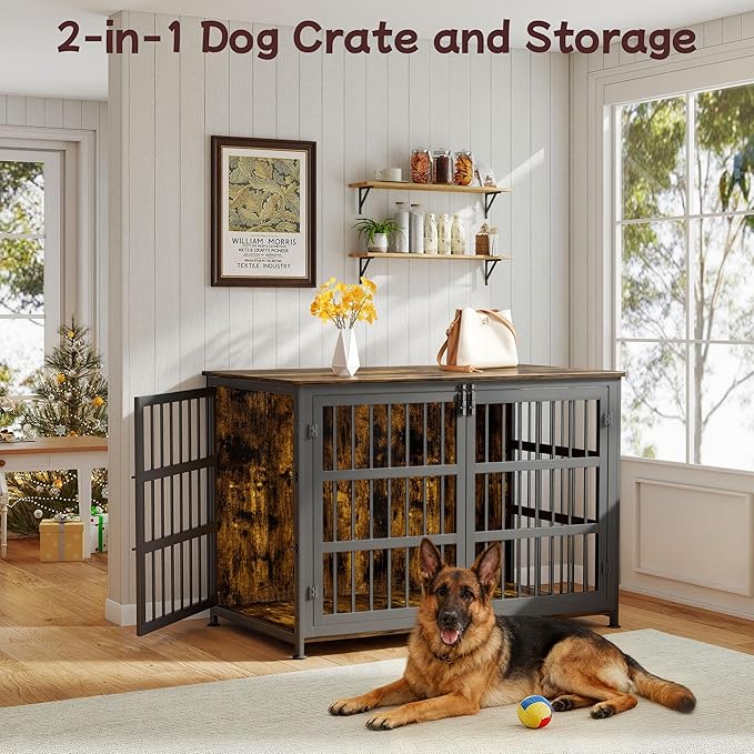 46'' Dog Crate Furniture Large Breed Dog Crate Dog Kennels for Inside Wooden Dog Crates End Table Heavy Duty Indoor Combination Cage for Medium to Large Dogs Walnut