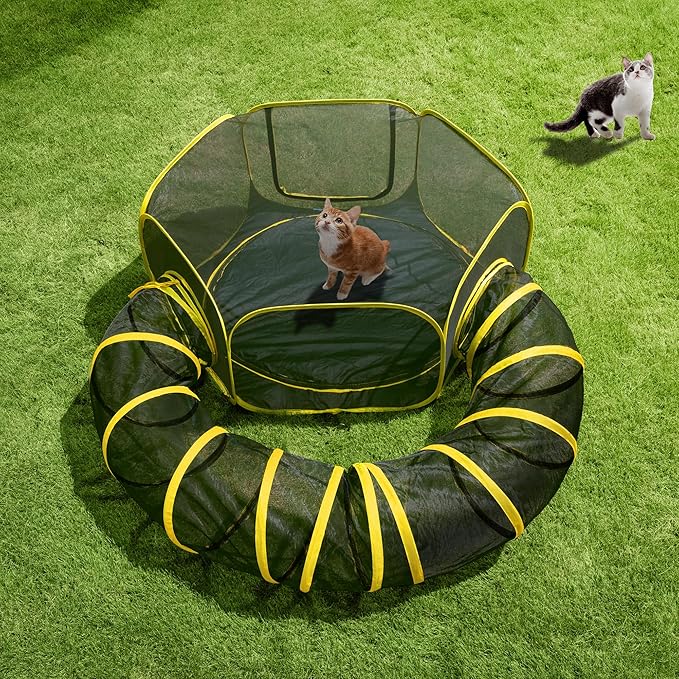 VIVOHOME Outdoor Cat Enclosures 2-in-1, Portable Catio w/Cat Tent, Circle Playpen Tunnel, for Kitty and Small Animals,w/Storage Bag Removable Bottom