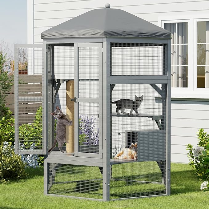 Catio Outdoor Cat Enclosure,Large Cat House Kitty Cage,Indoor Outdoor Cats Outside Patio for Cats with Window Access & Waterproof Roof, Multiple Platforms & Scratching Post, 65" Grey