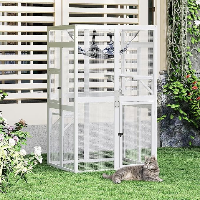 COZIWOW Upgraded Outdoor Cat Catio with Window Access & Jumping Platforms, Weatherproof Wooden Cat Enclosure for Patio/Garden/Backyard (White, 2 Platforms + Hammock, Supports 44lbs)