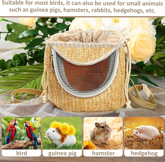 Bird Carrier Travel Backpack with Straw Woven - Portable Pet Backpack, Breathable Outer Cage, Travel Parrot Parakeet Cage Bag