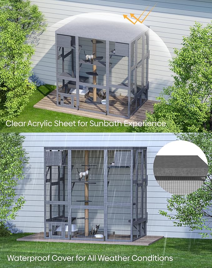 Catio Outdoor Cat Enclosure, Walk-in Large Catio with Window Access, Wall-Mounted Window Catio for Multiple Cats with Cat House, Waterproof Cover & Sunshine Roof, Grey