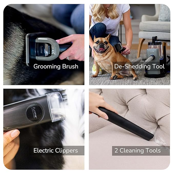 FURME Professional Plus Pet Grooming Vacuum Kit - Cat & Dog Grooming Kit for Easy Pet Care at Home, Quiet & Safe Dog Hair Remover Machine with Brush, Clipper, Shedding & Cleaner Tools & 2L Canister