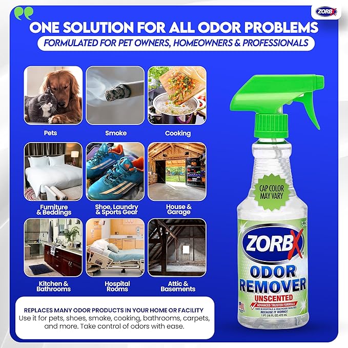 ZORBX Unscented Odor Eliminator for Strong Odor 16 oz - Pack of 2 - Used in Hospitals & Healthcare Facilities - Advanced Trusted Formula, Fast-Acting Odor Remover Spray for Dog, Cat, House & Carpet