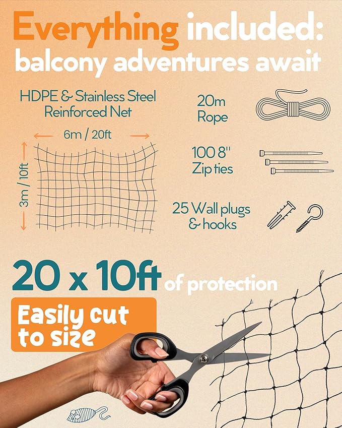 Steel Reinforced Cat Netting for Balcony - 10ft x 20ft - Cat Net for Catio – Safety Netting for Pets - Animal Proof Screen - Strong Pet Net – Kitten Balcony Protection - Barrier for Animals Fence