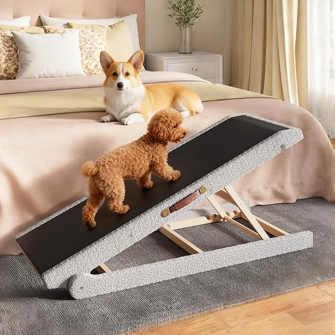 Dog Ramp for Bed – Foldable Wooden Pet Ramp with Soft Plush Fabric Cover 14"–20" Adjustable Height, Non-Slip Surface & Wide 17.7" Platform–Supports Small to Large Dogs up to 200 lbs