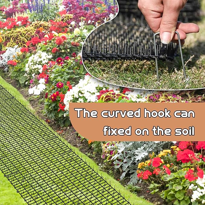 Hmyomina 16.4FT Scat Mat for Cats with 8 Garden Staples, Cat Scat Mat with Spikes Outdoor Plant & Furniture Protector(2PCS, 8.2FT Each)