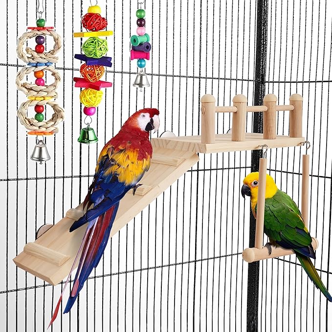 8Pcs Bird Parakeet Toys Bird Perches Platform with Climbing Ladder Colorful Standing Chewing Toy Bird Cage Toys for Budgerigar, Parakeet, Conure, Cockatiel, Mynah, Love Birds, Finches