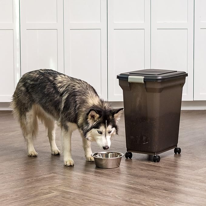 IRIS USA Airtight Dog Food Storage Container, WeatherPro, Up to 40 lbs, Removable Wheels, for Dog Cat Bird and Other Pet Food Storage Bin, Keep Fresh, Translucent Body, Made in USA, Smoke/Black
